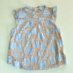 Monteau lace mock neck ruffle blouse top pink peach/ powder blue size medium